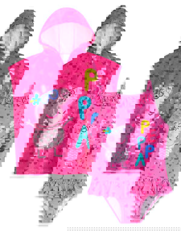 Peppa Pig Girls Pink Love Heart Background Poncho Towel and 1 Piece Swimming Costume Set