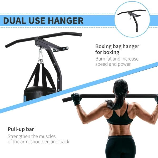 Black dual-use wall hanger bracket with boxing bag chain and pull-up bar