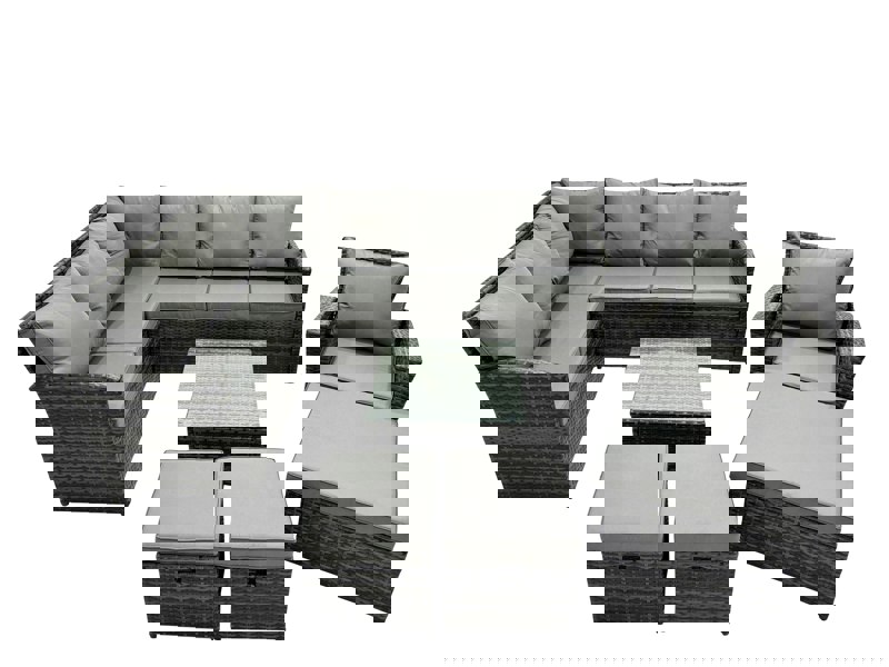 Fimous 10 Seat Poly Rattan Outdoor Patio Coffee Table Corner Sofa Set with 3 Stool Chair for Garden Backyard Dark Grey Mixed