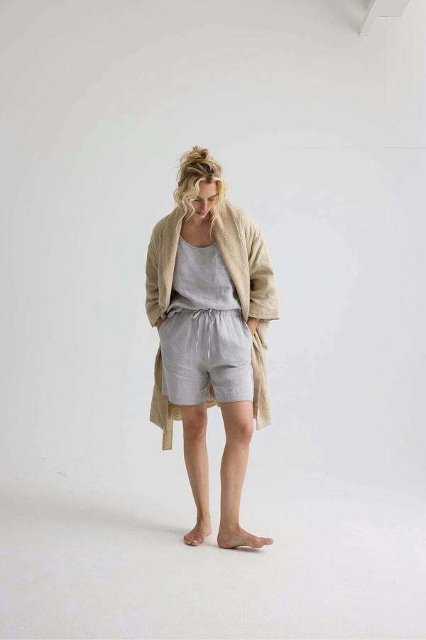 Pretty You London Short Terry Lined Linen Robe In Summer Sand