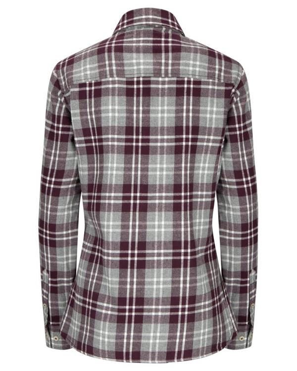 Back view of Hoggs of Fife Eilidh shirt in merlot check, tailored country fit with long sleeves for stylish rural living