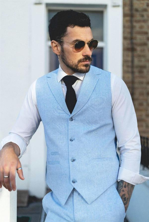 Infinity Leather Men's Summer 2 Piece Suit Linen Formal Light Blue Waistcoat Trousers