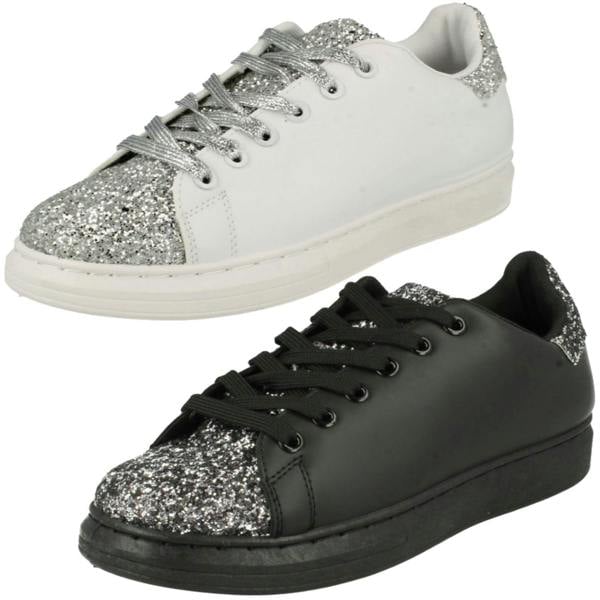 Spot On Ladies Spot On Lace Up Trainer Pump with Glitter