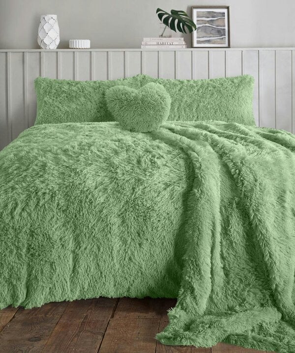 Night Zone Alaska Cuddles Long Fur Teddy Fleece Duvet Cover Set – Warm Bedding with Pillowcases - Sage Green
