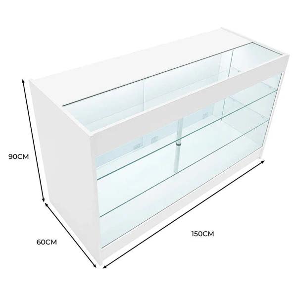 LED retail shop counter K1500 in sleek white finish, featuring a glass display top and shelves, dimensions 150cm x 60cm x 90cm