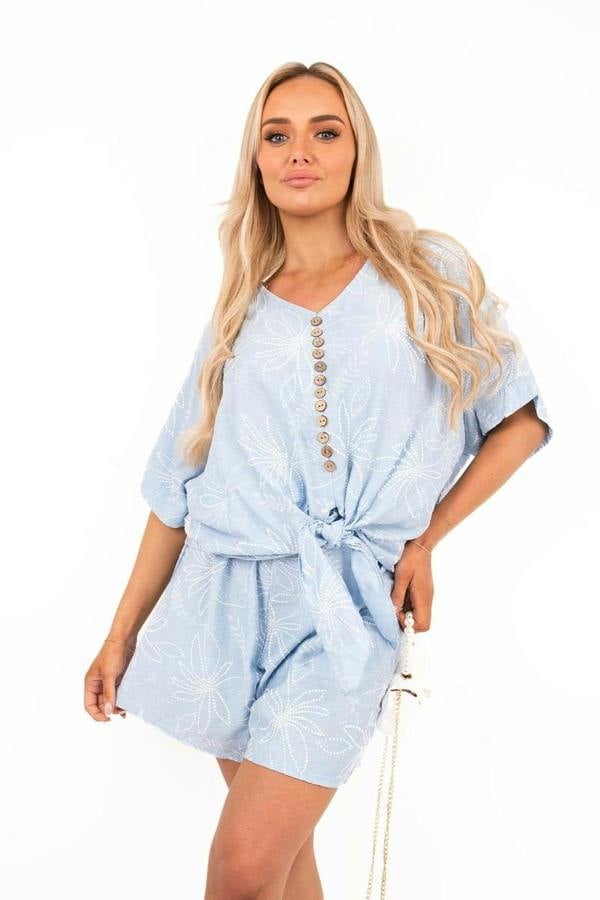Azaira Button Front Short Sleeve Co-ord Set With Tie Waist - Sky Blue