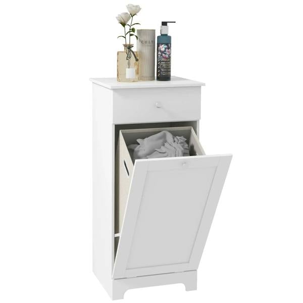 White single laundry hamper cabinet with open front door and removable bin for sorting