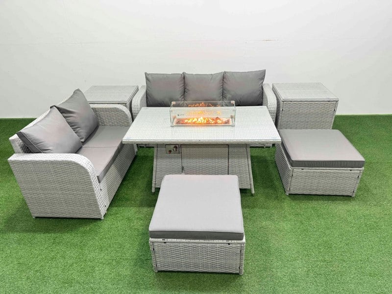 Fimous 7 Seater Rattan Garden Furniture Patio Conservatory Sofa Set with Fire Pit Dining Table 3 Seater Sofa Love Sofa 2 Big Footstool 2 Side Table