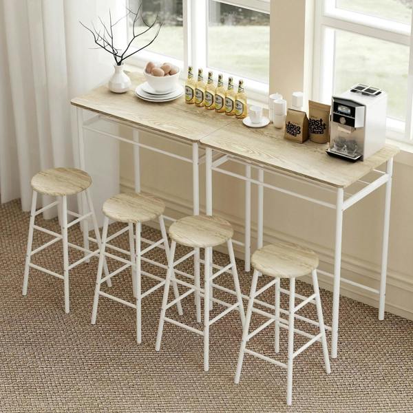 White bar table and four stools with oak-look seats and under-shelf storage