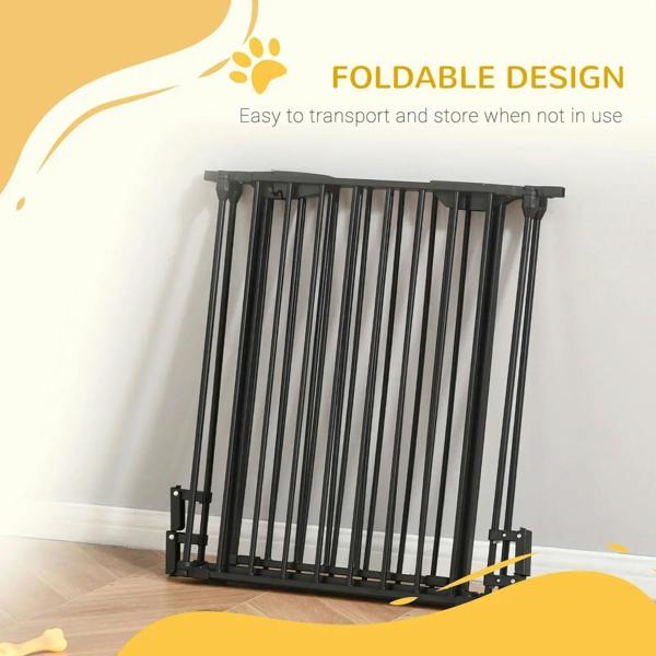 Foldable black metal pet gate with compact frame and vertical bars