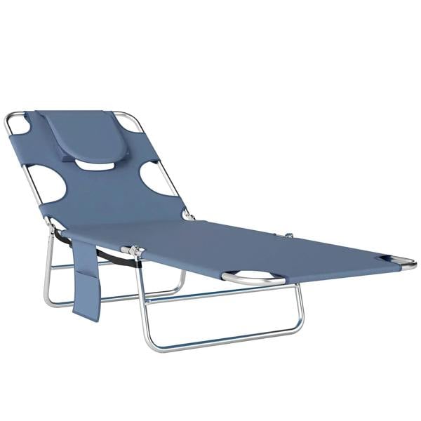 Grey folding sun lounger with steel frame and contoured head pillow rests.
