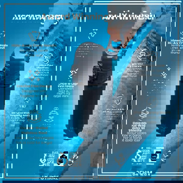 A person holds a dark-grey, double-walled stainless steel water bottle with a wide mouth and hidden carry handle. The bottle's design prioritizes hygiene and ease of use; it's an award-winning design.