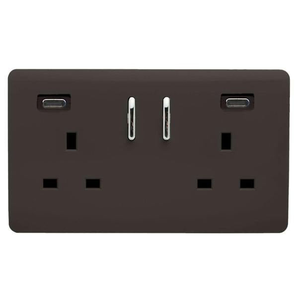 Trendi Switch 2 Gang USB 65W Type C USB Plug Socket in Dark Brown
