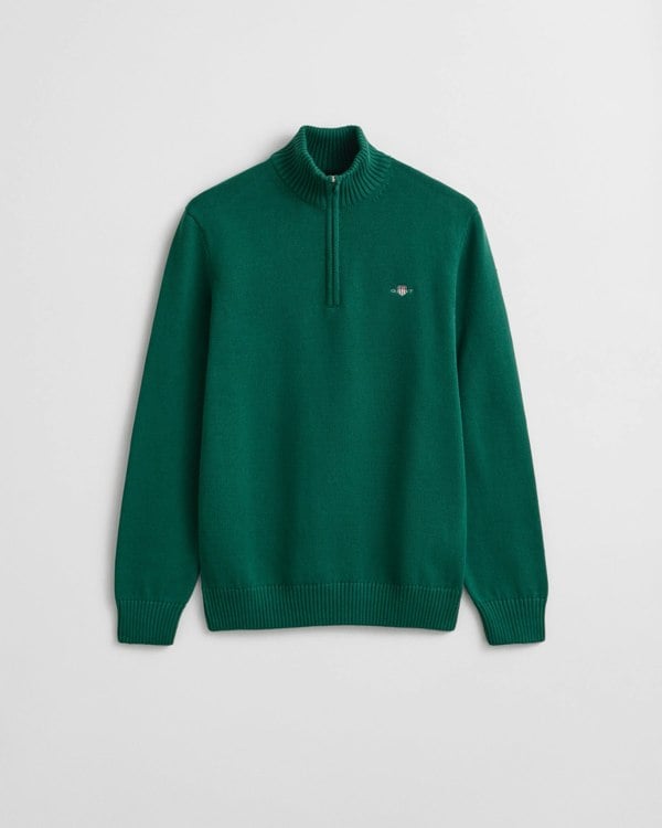 GANT Mens Casual Cotton Half Zip Jumper - 373 Deep Forest Green - CHO - Designer Mens Half Zip Jumpers