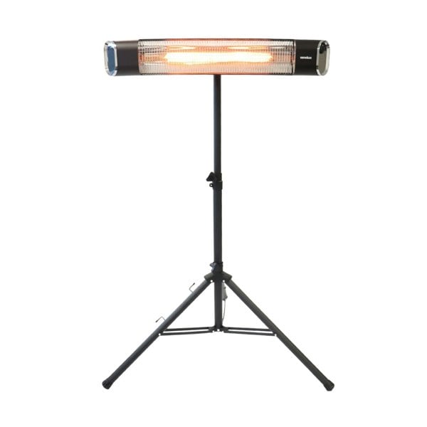 A tripod mounted heater with an all black design switched on and facing the camera