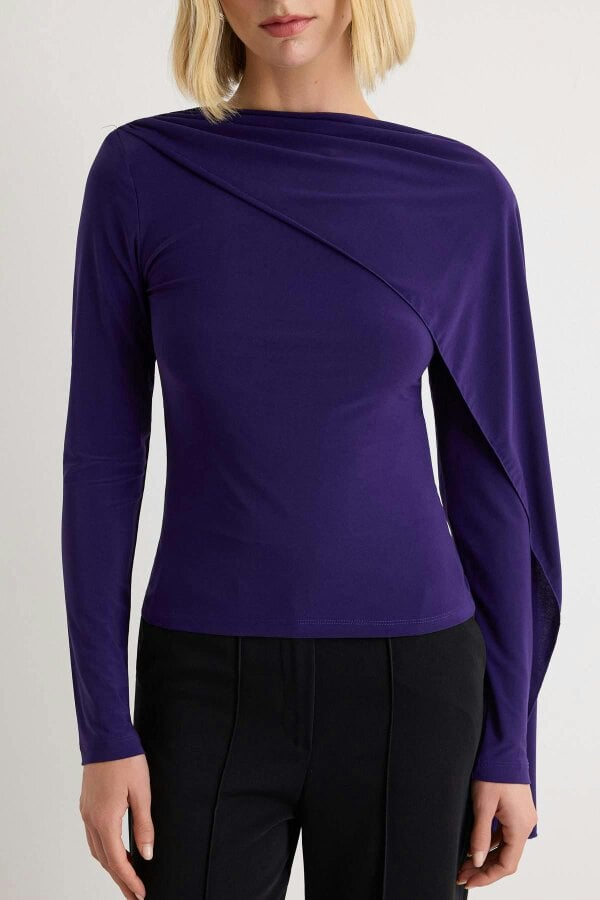 WOVCOR Fitted Boat Neck Cape Detail Long Sleeve Blouse