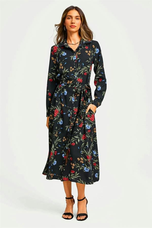 FS Collection Black Floral Print Shirt Midi Dress With Tie Waist + Gold Stretch Leaf Belt