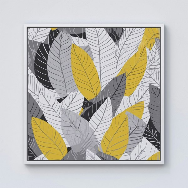 Warren Reed Yellow Grey Feather Leaves Framed Canvas