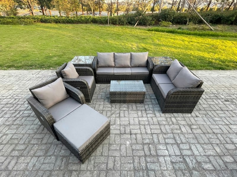 Fimous 8 Seater Rattan Conservatory Sofa Set - Rectangular Coffee Table, 3-Seater Sofa, Loveseat & Footstool