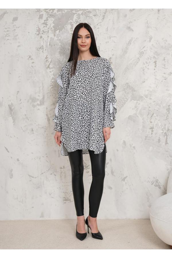 Hoxton Gal Oversized Long Ruffle Sleeve Relaxed Fit Tunic in Leopard Print