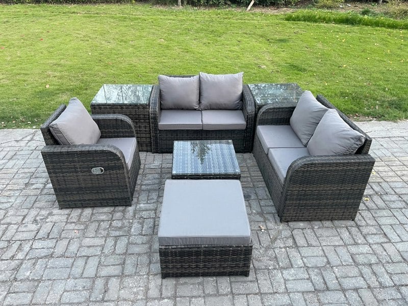 Fimous 7 Piece Garden Furniture Sets 6 Seater Outdoor Patio Furniture Set Weaving Wicker Rattan Sofa Chair and Table with 2 Side Tables Big Footstool