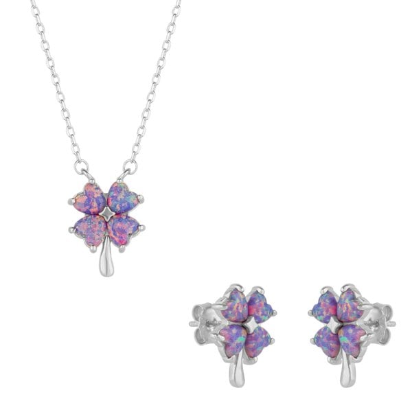 Spero London Pink & Purple Opal Four Leaf Clover Sterling Silver Necklace & Earrings Set