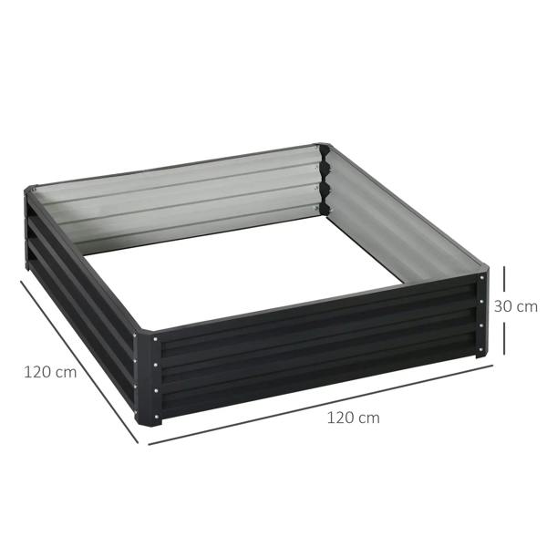 Square raised garden bed with grey metal frame, showing 120 cm by 120 cm size