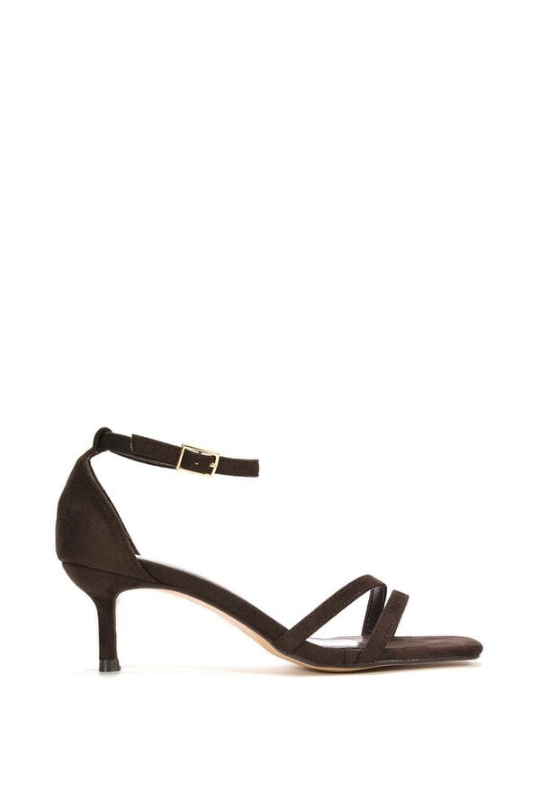 XY LONDON Open Toe Strappy Low Kitten Heel Sandal Shoes - Brown