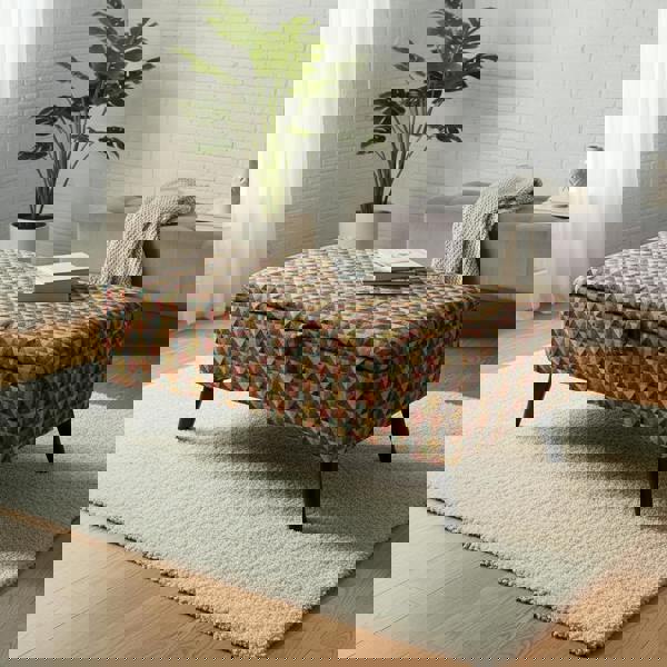 Stylish patterned fabric ottoman bench with solid wood frame and cushioned seat