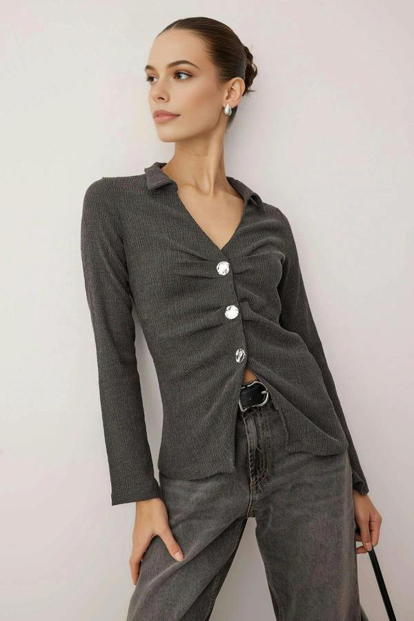 WOVCOR Polo Collar Gathered Button-Down Fitted Stretch Knit Blouse