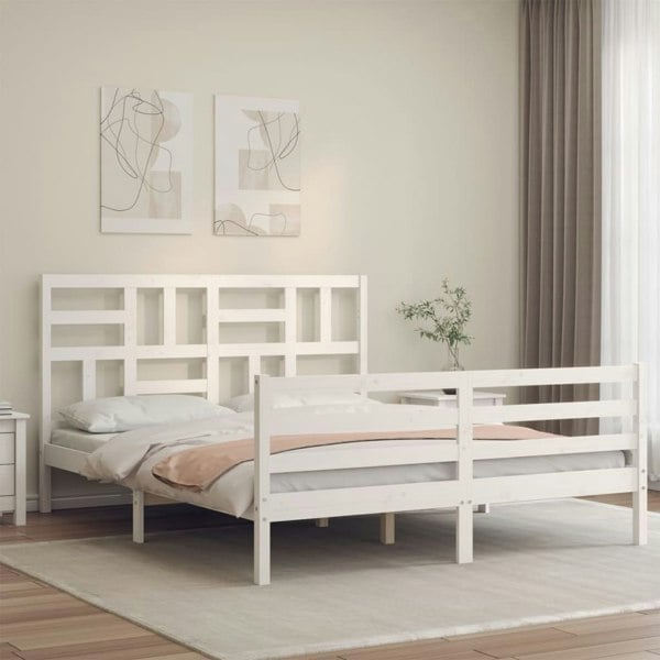 Berkfield Bed Frame with Headboard White King Size Solid Wood