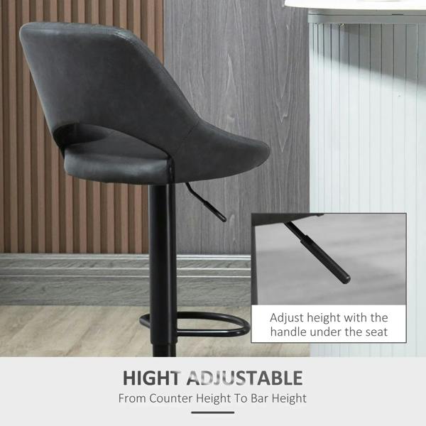 Grey PU leather bar stool with backrest, height-adjust handle, black pedestal base
