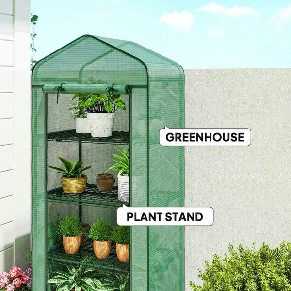 Bobobiy 4 Tier Mini Portable Greenhouse Compact Plant Grow Shed Metal Frame PE Cover with Lockable Rolling Wheels , Green