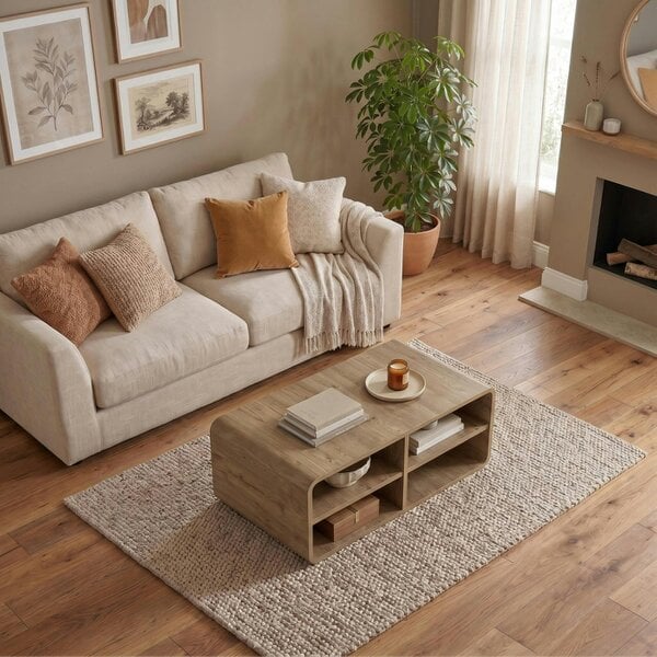 Decortie Rovel Modern Coffee Table 80cm 4 Open Compartments Soft Rounded Edges Natural Oak Living Room