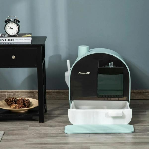 Mint hooded cat litter box with open top door, slide-out tray, and blue-gray mat