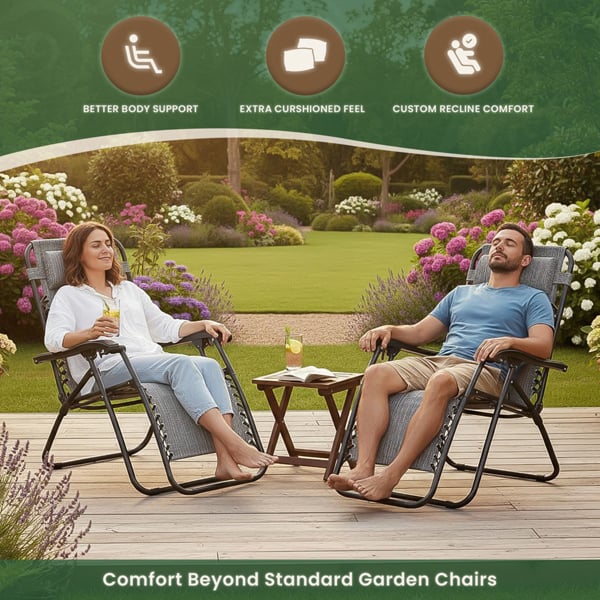 Padded Anti-Gravity Recliner Garden Chairs Grey 2pc