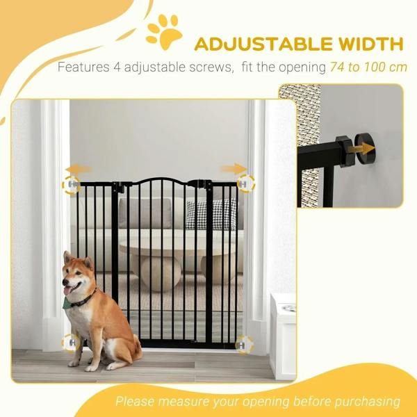 Black adjustable pressure-fit dog gate with four screw adjustments and wall pressure mounts