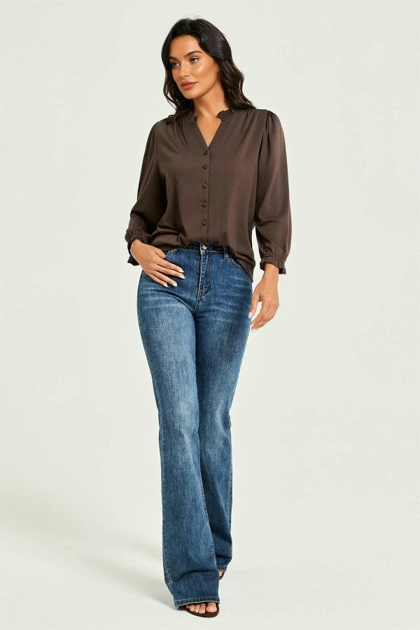 FS Collection Frill Neck Long Sleeve Jersey Blouse Brown