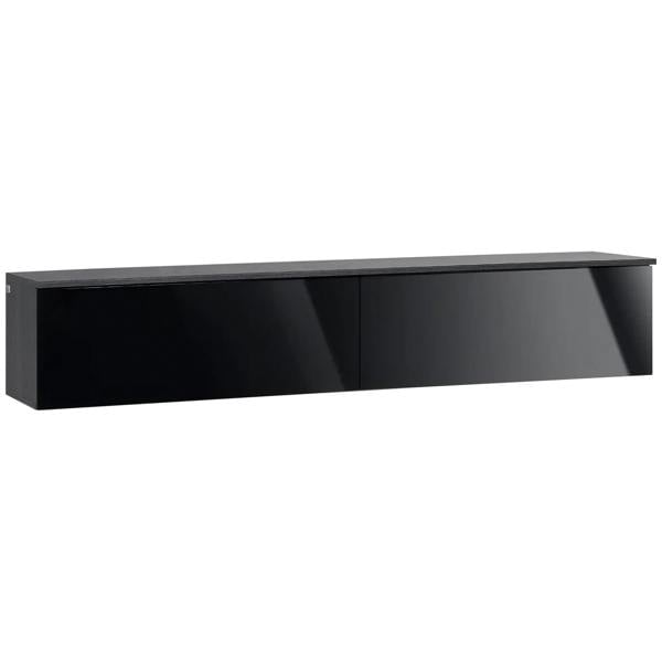 High-gloss floating TV cabinet in dark grey and black, long media console body