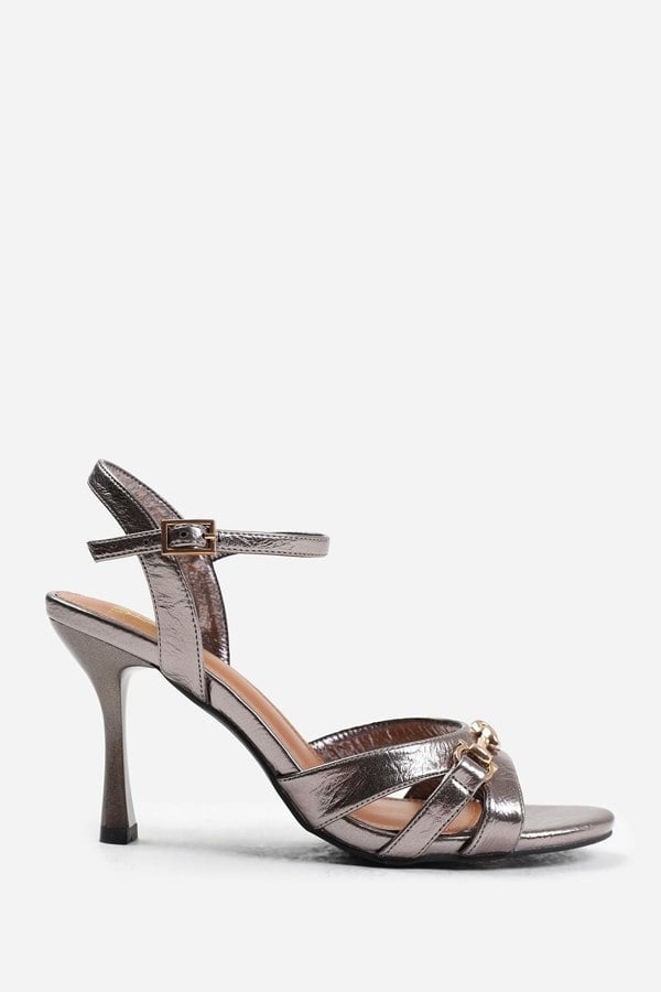 Where's That From Harriet Mid Heels With Metal Detailing in Pewter Faux Leather