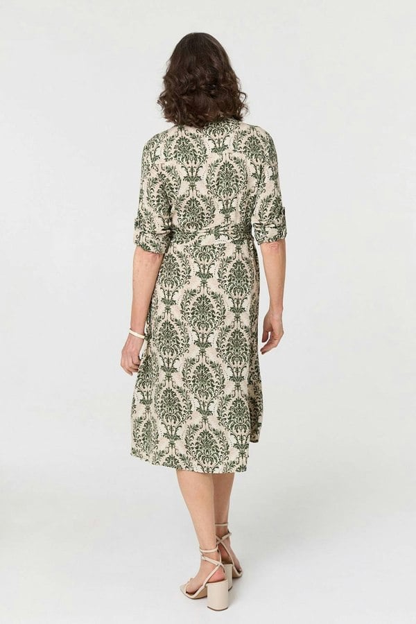 Green | Baroque Print Tie Waist Midi Shirt Dress
