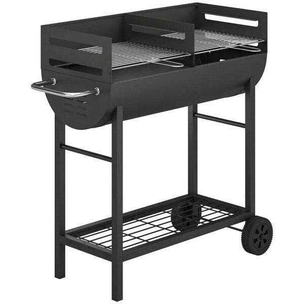 Bobobiy Charcoal Barbecue Grill with 2 Cooking Areas, Portable BBQ Trolley with Wheels, Height Adjustable Grates, Bottom Shelf