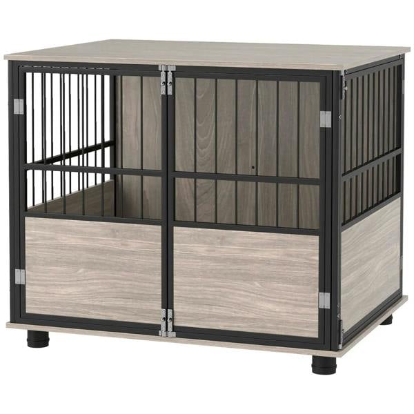 Wood-look dog crate end table with dark metal bars, sliding side panel, and two doors