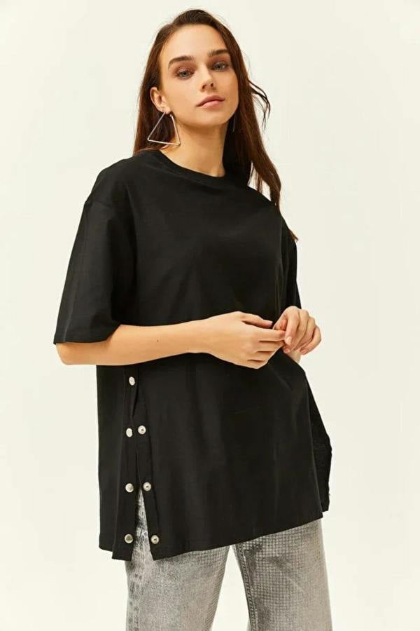 Hoxton Gal 100% Cotton T-Shirt with Side Buttons