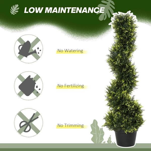 Green artificial spiral topiary tree with leaf texture in a black pot