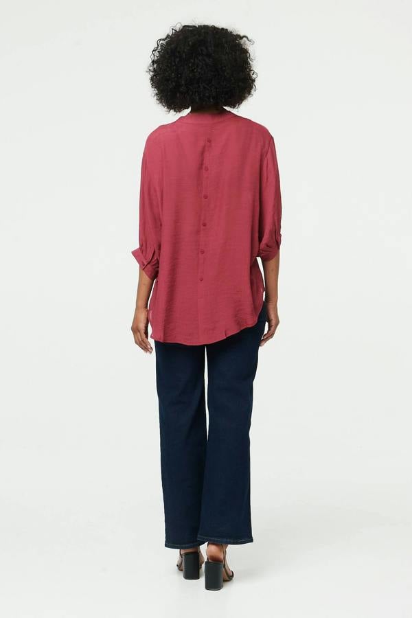 Burgundy | Relaxed 3/4 Sleeve Collarless Shirt