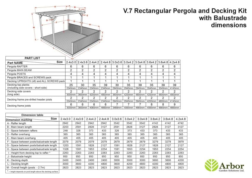 Rectangular pergola and decking kit with balustrade, made from pressure treated timber and high quality pergola posts, featuring a raised wooden deck, vertical slatted balustrade, and an open pergola roof frame.
