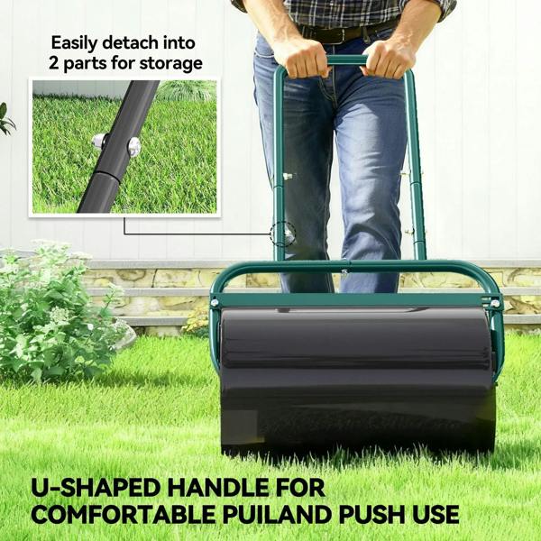 Dark green lawn roller with black cylinder drum and U-shaped handle