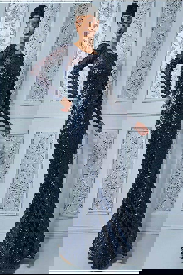 Sheer Diamond Design Sequin Maxi Dress - Navy DR2526