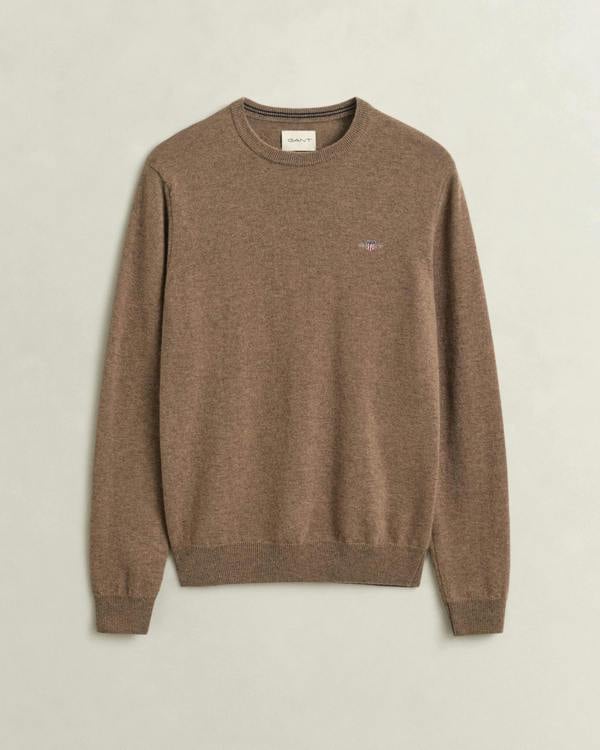 GANT Mens Superfine Lambswool Crew Neck Sweater - 283 Light Brown Melange | CHO | Designer Mens Crew Neck Jumpers